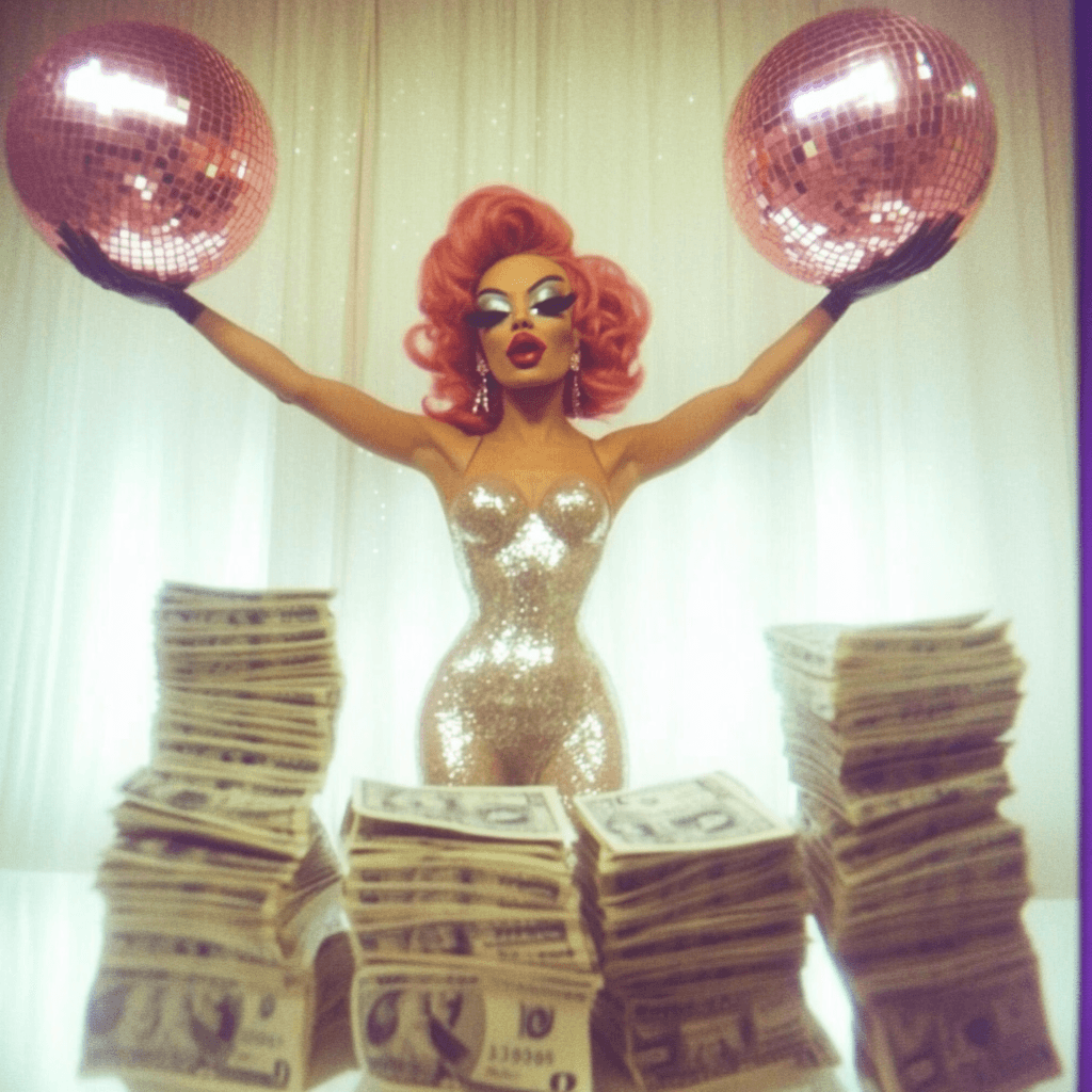 Frau in glänzendem goldenem Bodysuit trägt eine auffällige orangerote Perücke und dramatisches Make-up mit roten Lippen. Sie hält triumphierend zwei rosafarbene Discokugeln hoch, eine in jeder Hand. Im Vordergrund sind Stapel von Geldscheinen zu sehen.