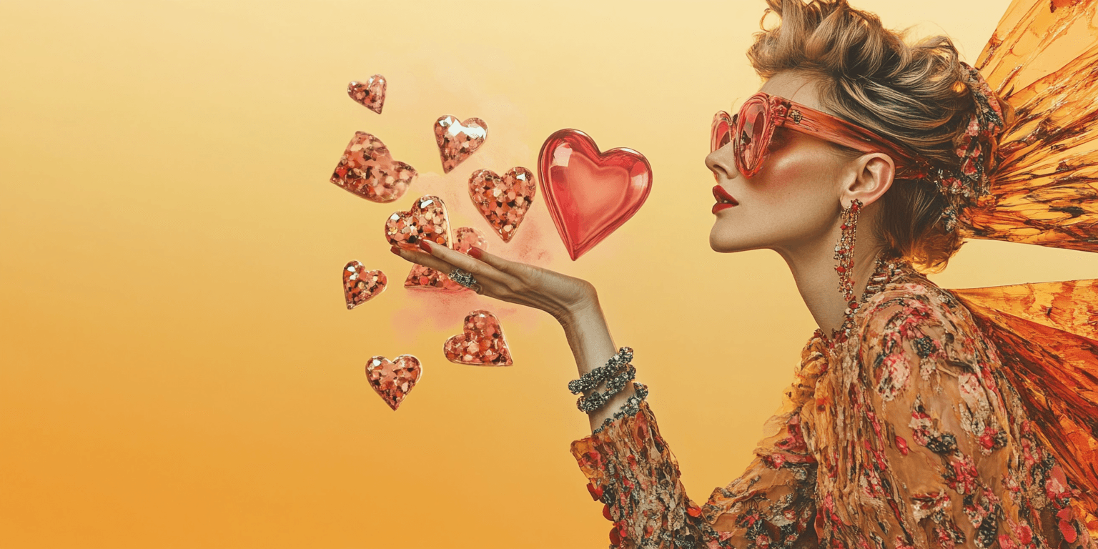 Frau bläst Herzen von sich weg.