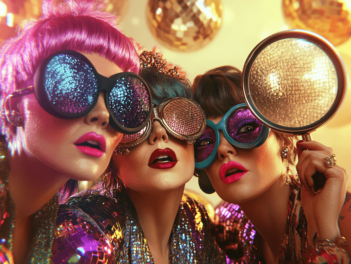 Nahaufnahme von drei Frauen mit extravaganten Discobrillen und leuchtenden Lippenstiftfarben.
