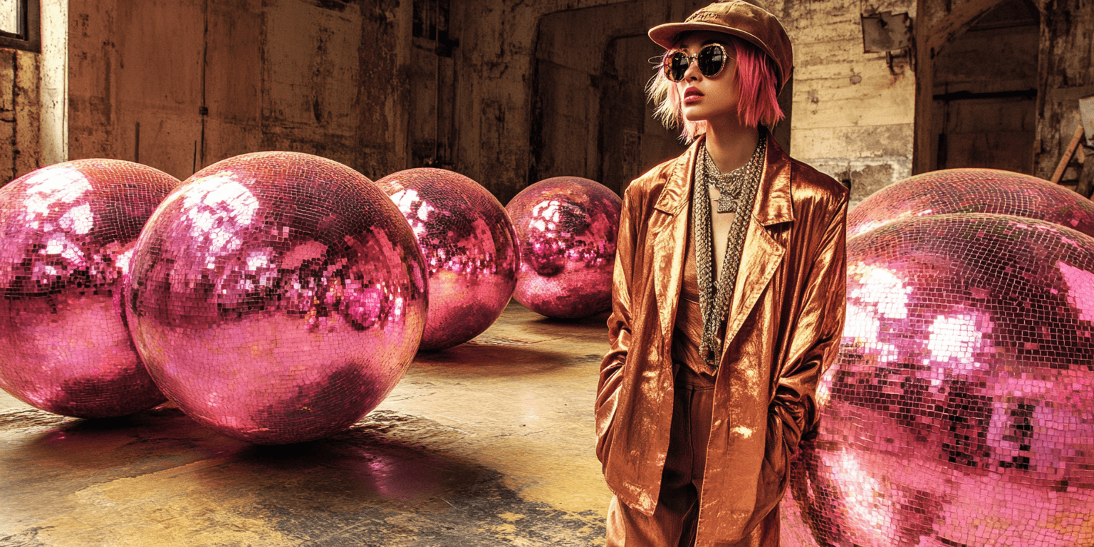 Frau mit pinkfarbenem kurzen Haar steht neben mehreren großen pinkfarbenen Discokugeln.