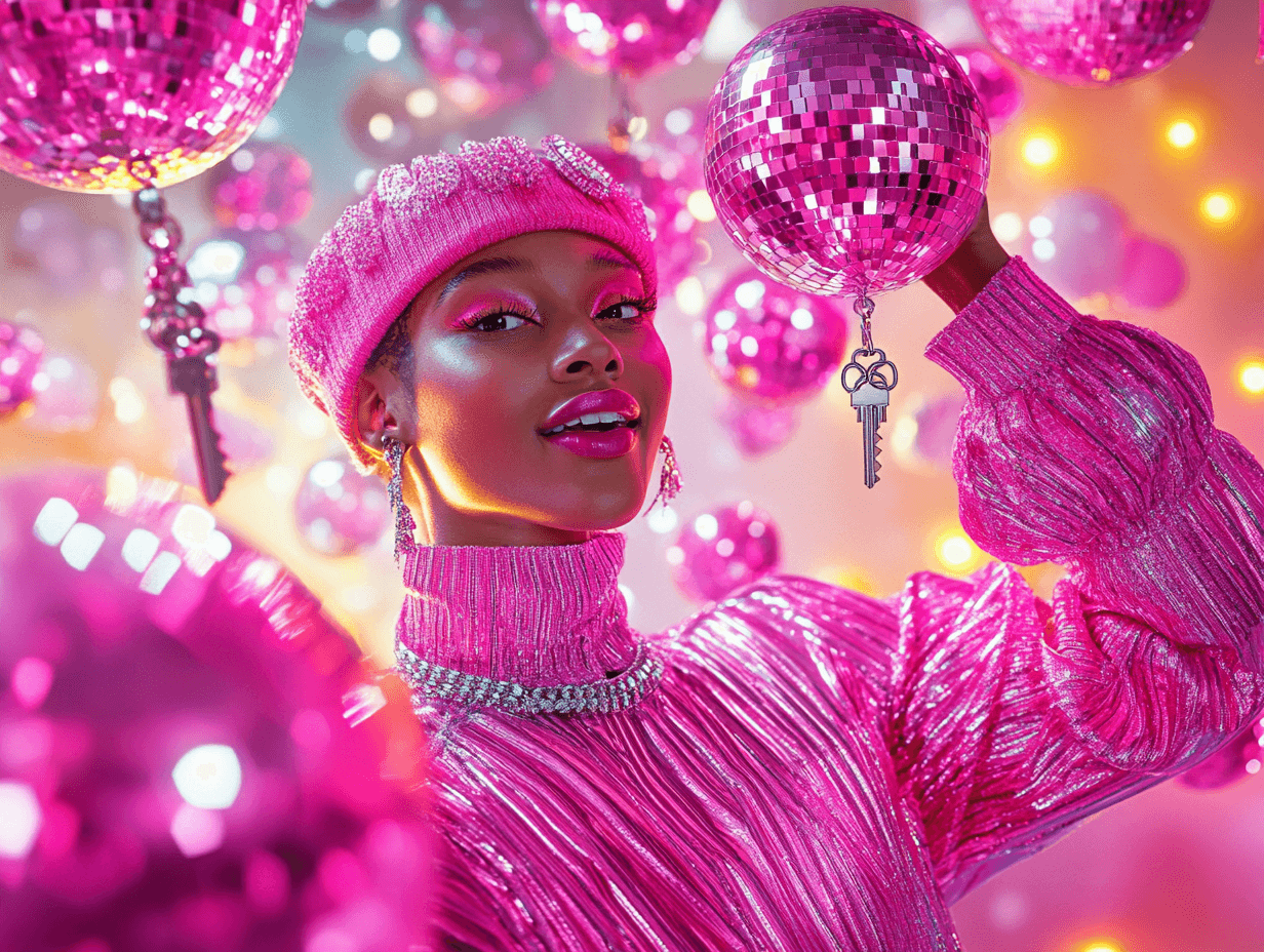Person in glänzender pinker Kleidung mit passendem Hut und Make-up, umgeben von rosa Discokugeln in einer festlichen Atmosphäre mit schimmernden Lichtern.